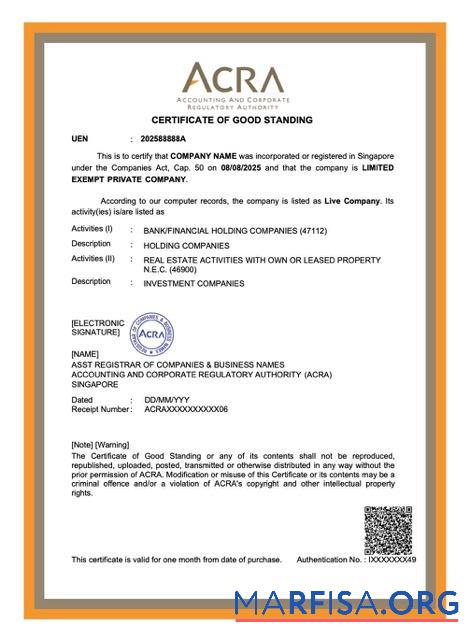 Downloadable Singapore certificate of good standing Word and PDF template, version 2